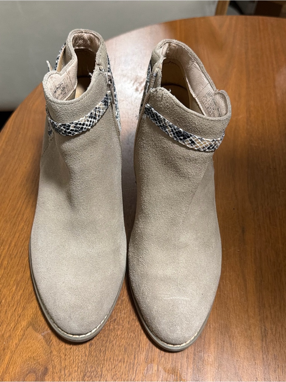 Vionic Taupe Suede Ankle Booties with Snake-Print Trim